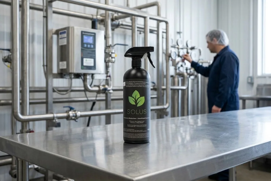 Contenant de désinfectant HOCl Solus près d'équipements en acier inoxydable dans une installation canadienne.