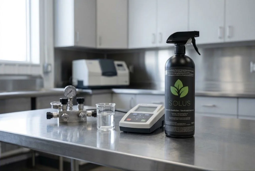 Contenant de désinfectant HOCl Solus près d'équipement d'analyse de l'eau sur un plan de travail en acier inoxydable.
