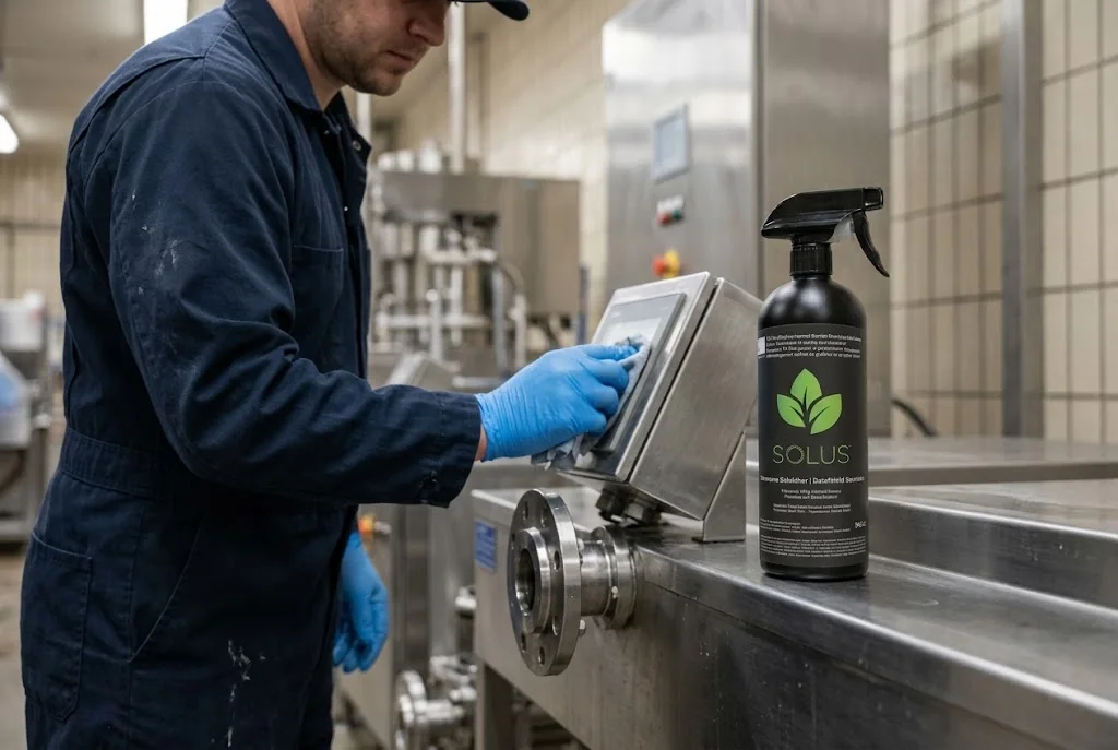 Travailleur essuyant une surface dure en acier inoxydable près d'un contenant de désinfectant HOCl Solus.