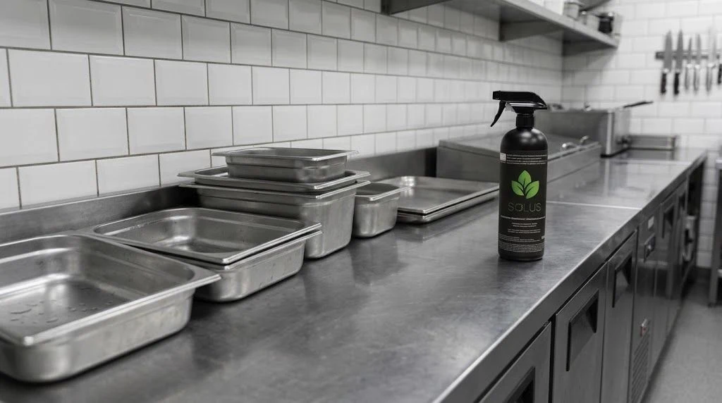 Real Solus Multi-Purpose Disinfectant bottle on a stainless-steel preparation line in a commercial kitchen.
