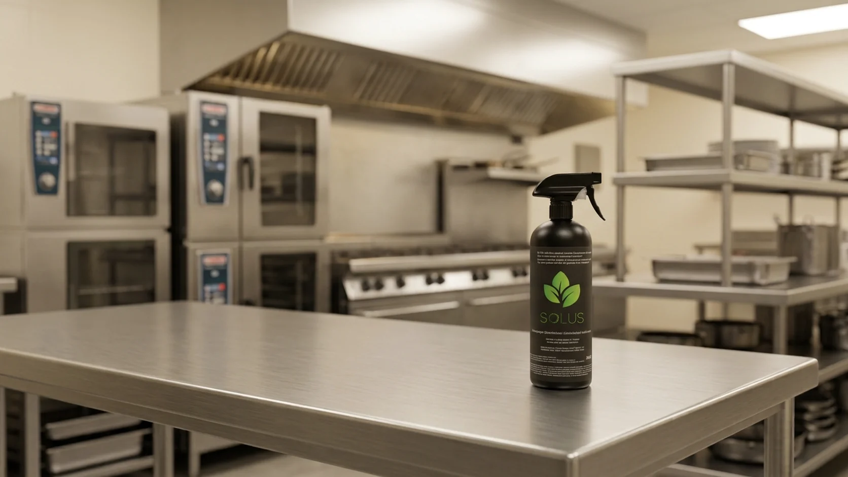 Bouteille de désinfectant Solus sur une table de préparation en acier inoxydable dans une cuisine commerciale.
