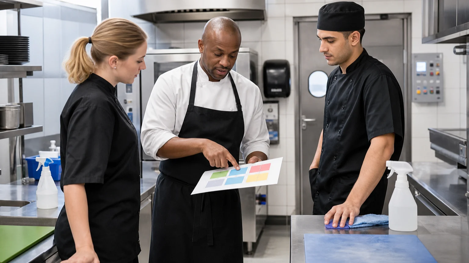 Commercial-kitchen sanitation lead reviewing colour-coded cleaning zones with staff