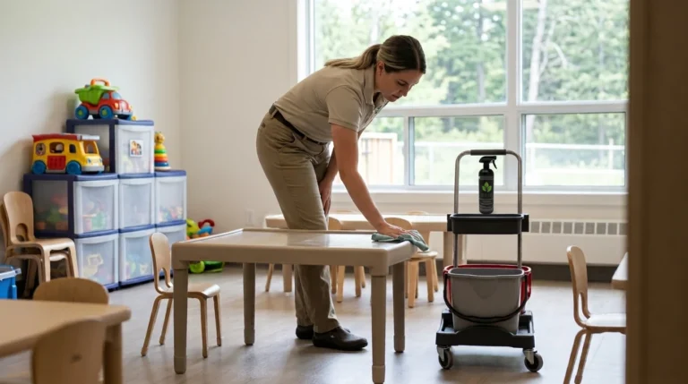Daycare worker wiping a low activity table with a real Solus bottle on a cleaning cart.