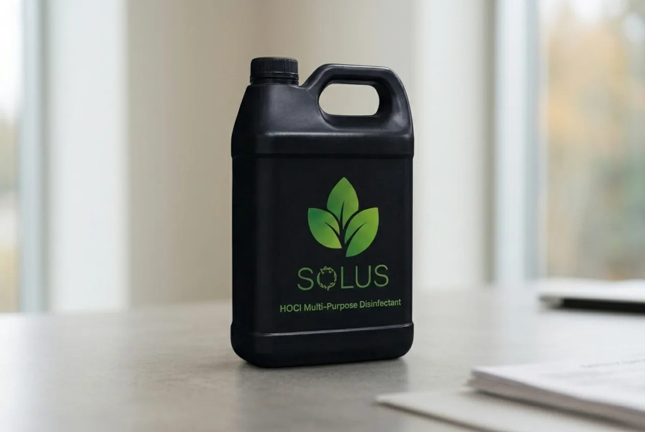 Close-up of a black Solus disinfectant bottle on a neutral surface.