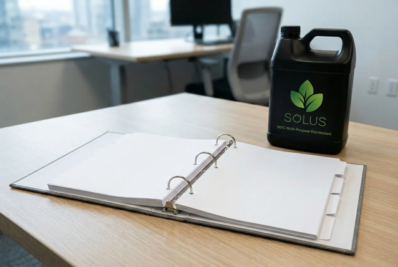 A compliance binder of product documents next to a black Solus bottle.