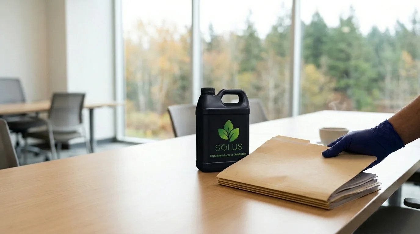 Reviewing a Canadian product authorization document beside a black Solus disinfectant bottle.