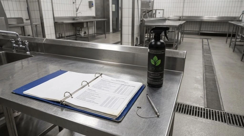 Real Solus Multi-Purpose Disinfectant bottle beside a sanitation record binder on a stainless-steel food-processing counter.