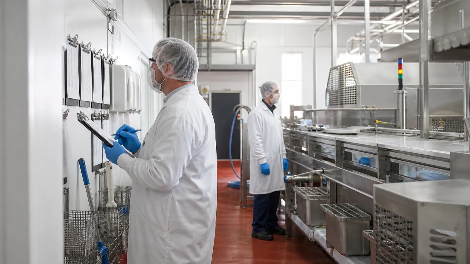 Food-safety manager verifying sanitation records beside a stainless-steel production line