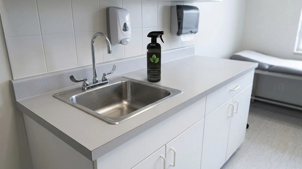 Real Solus Multi-Purpose Disinfectant bottle beside a stainless-steel sink in an empty healthcare room.