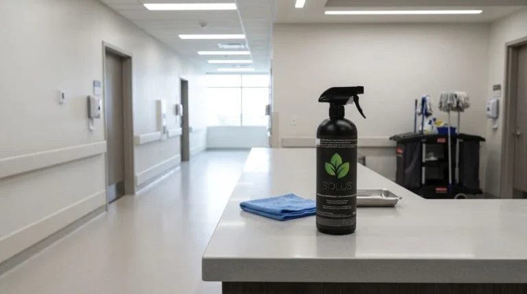 Real Solus 946 mL disinfectant bottle on a hard counter in a bright healthcare facility corridor.
