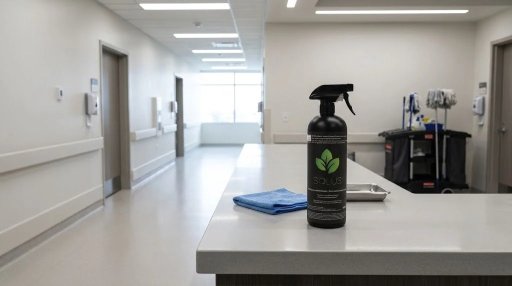 Real Solus 946 mL disinfectant bottle on a hard counter in a bright healthcare facility corridor.