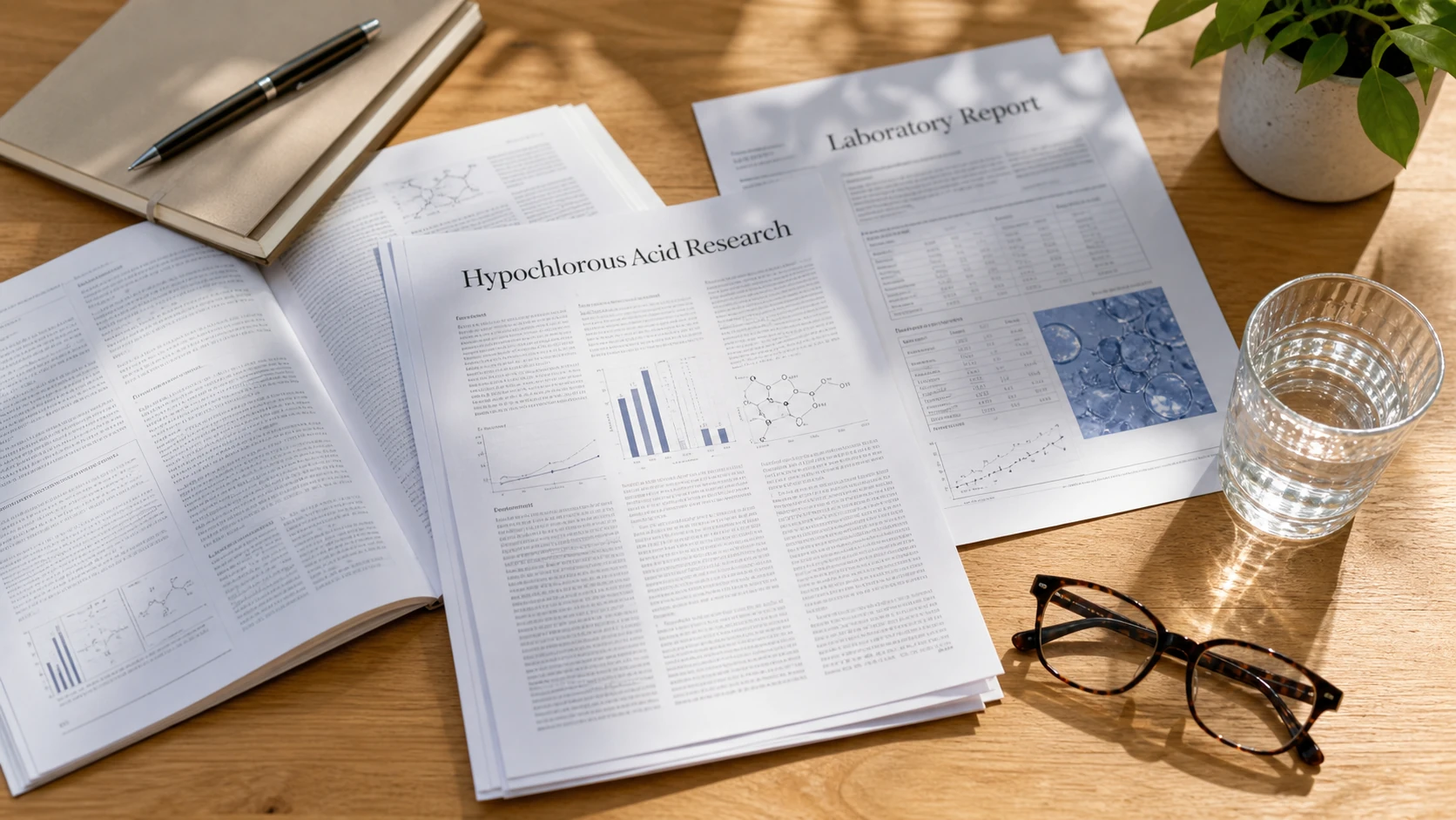 Printed laboratory reports and scientific literature on hypochlorous acid
