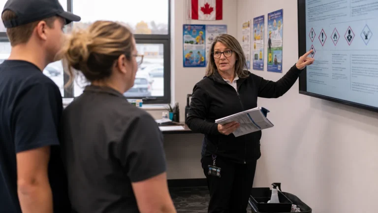 Safety coordinator explaining disinfectant handling documentation to facility staff