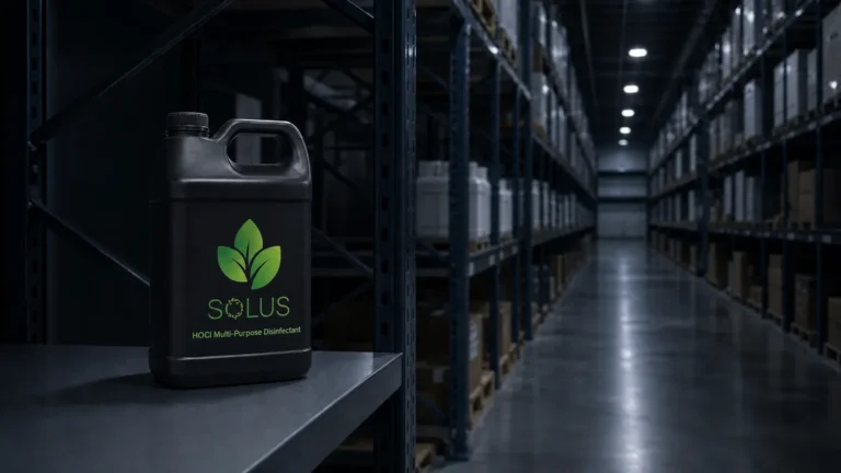 Bidon noir de désinfectant HOCl Solus sur une étagère d’entrepôt