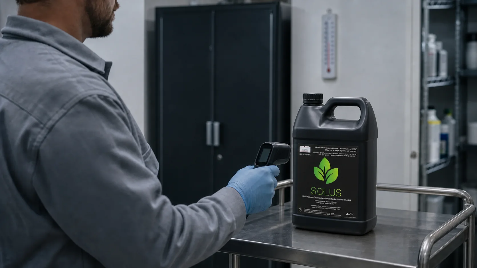 Worker checking a black Solus HOCl disinfectant container in a controlled storage area.