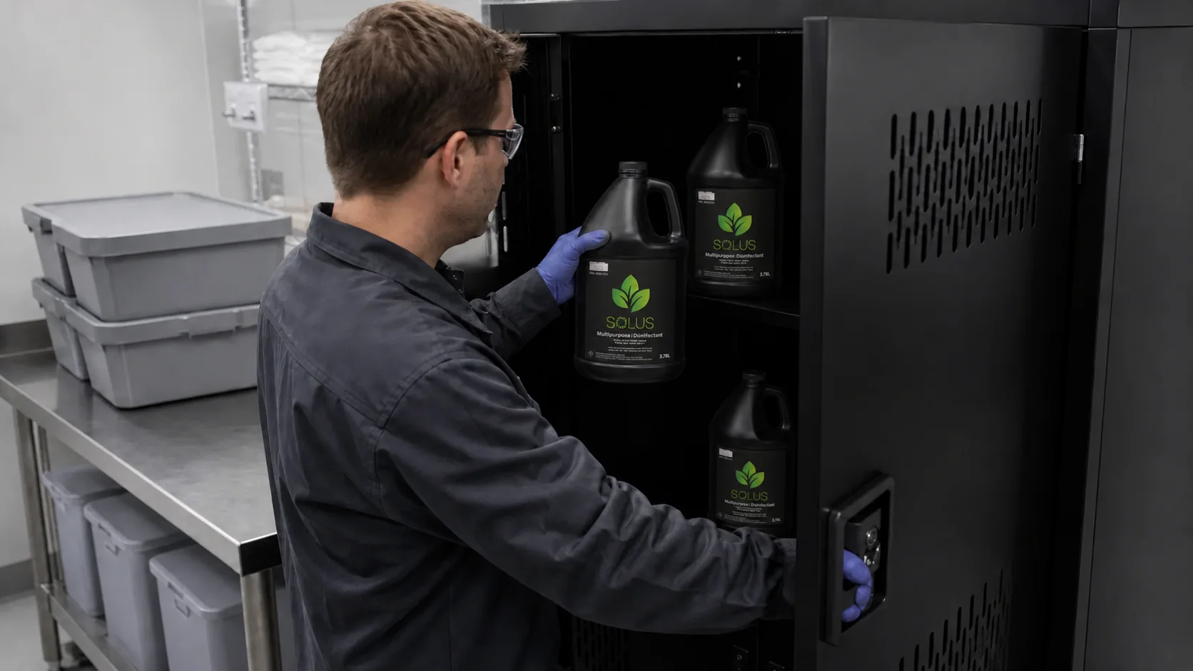 Worker storing black Solus HOCl disinfectant containers in an opaque cabinet.