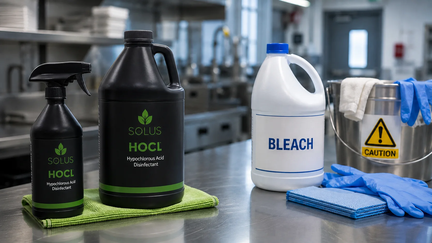 Black Solus HOCl containers beside a white bleach jug in a commercial kitchen.