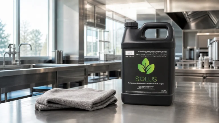 Black Solus HOCl disinfectant container beside a microfiber cloth in a commercial kitchen