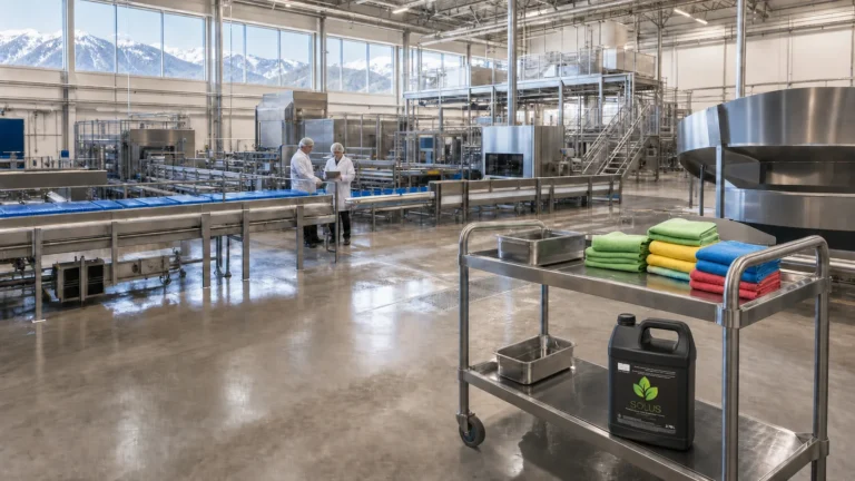 Black Solus HOCl disinfectant container on a cart in an industrial facility