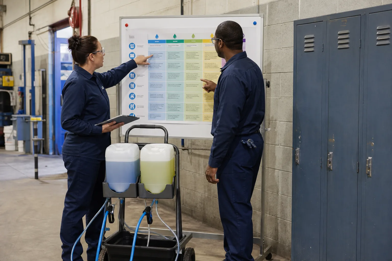 Two sanitation supervisors reviewing a colour-coded cleaning protocol in an industrial facility