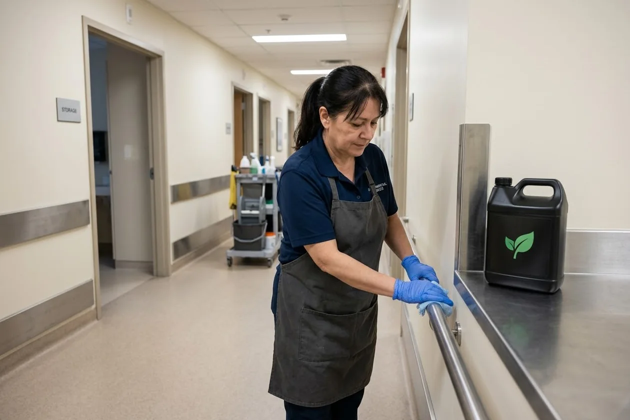 Environmental-services worker disinfecting a stainless-steel surface in an empty Canadian health-care facility.