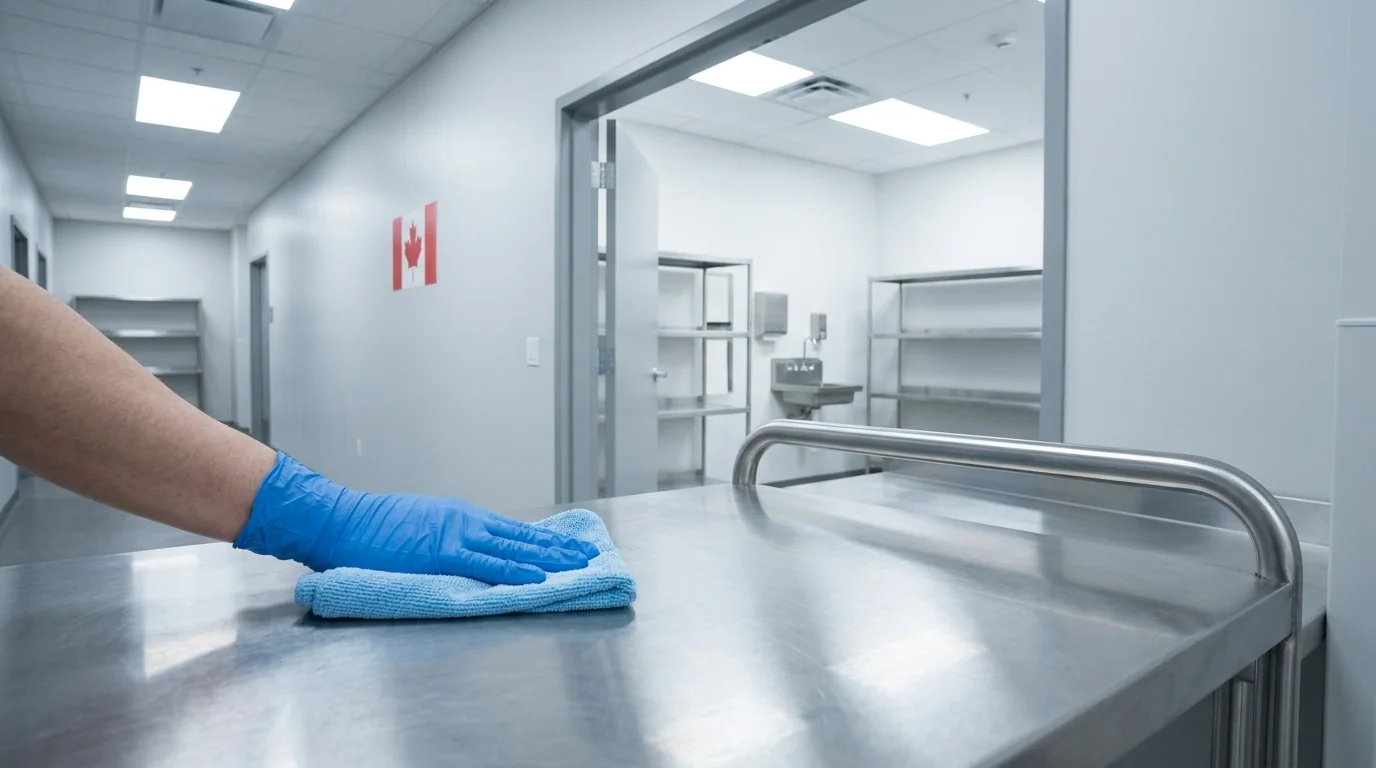 Main gantée essuyant un chariot en acier inoxydable dans une salle de soins vide.