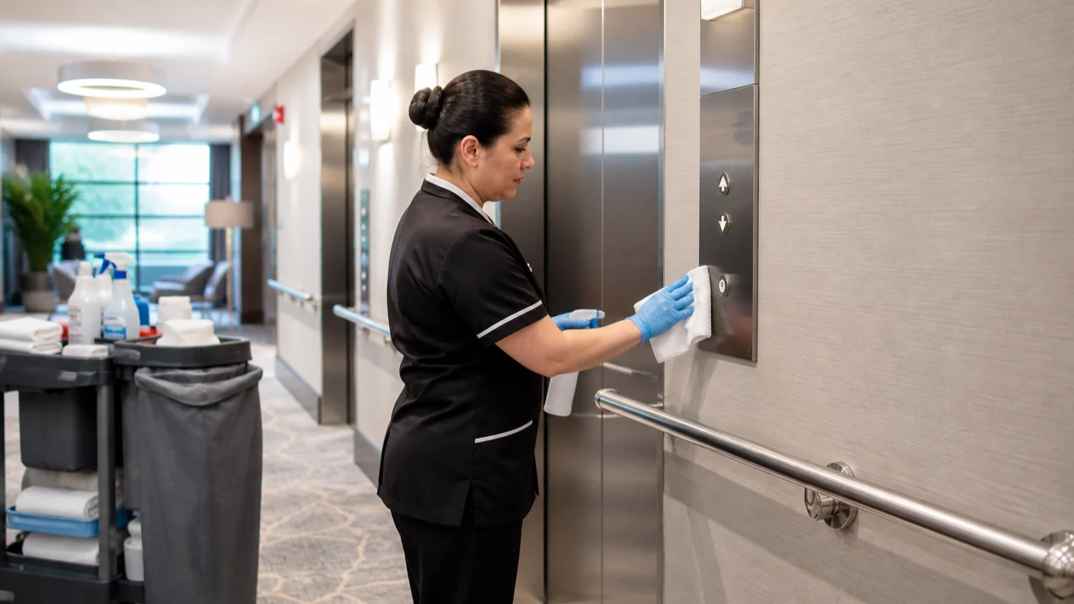Hotel housekeeper disinfecting elevator buttons and a corridor handrail