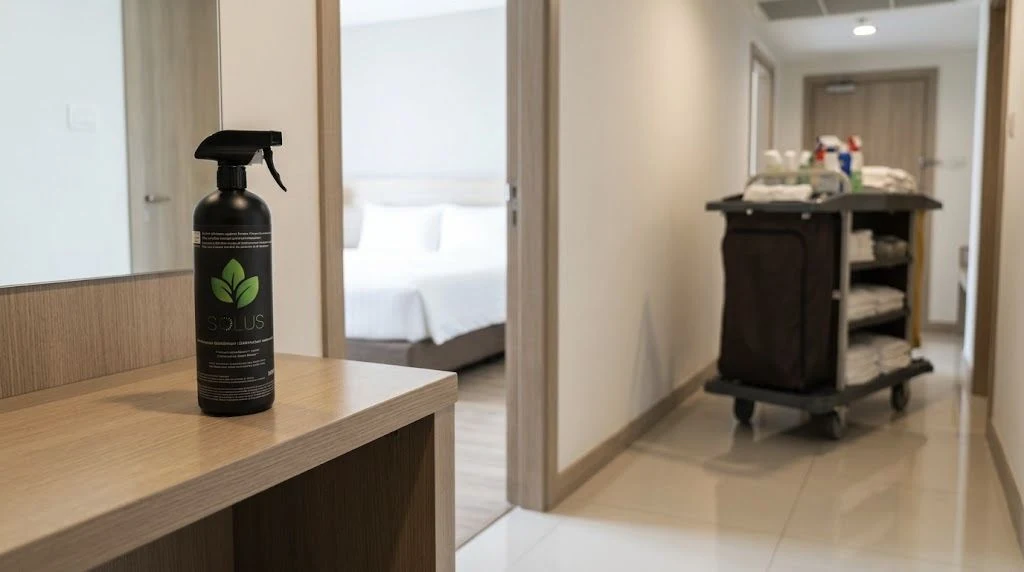 Real Solus Multi-Purpose Disinfectant bottle on a hotel-room console beside a housekeeping cart.