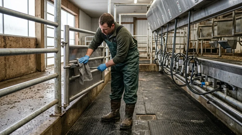 Farm worker wiping a stainless-steel gate in a Canadian dairy facility
