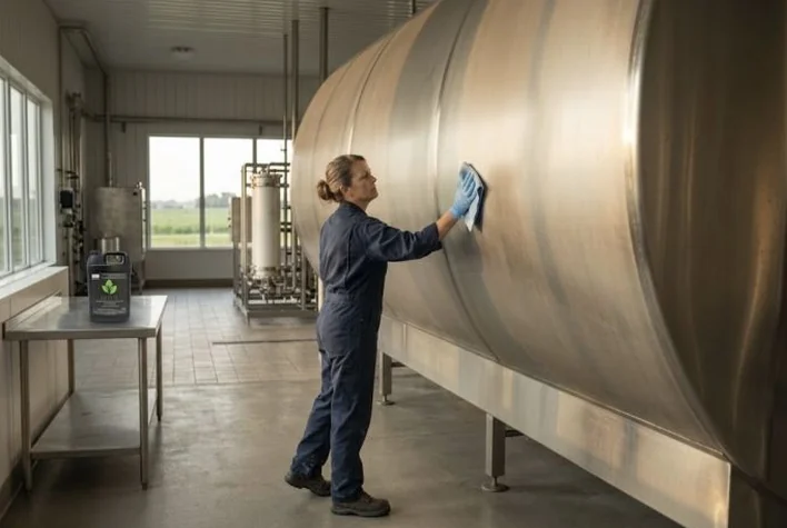 Worker wiping the exterior of a stainless-steel bulk tank in an empty dairy facility.