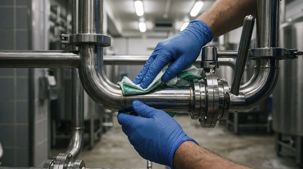 Gloved hand wiping stainless-steel pipework and a valve in a dairy milk room.