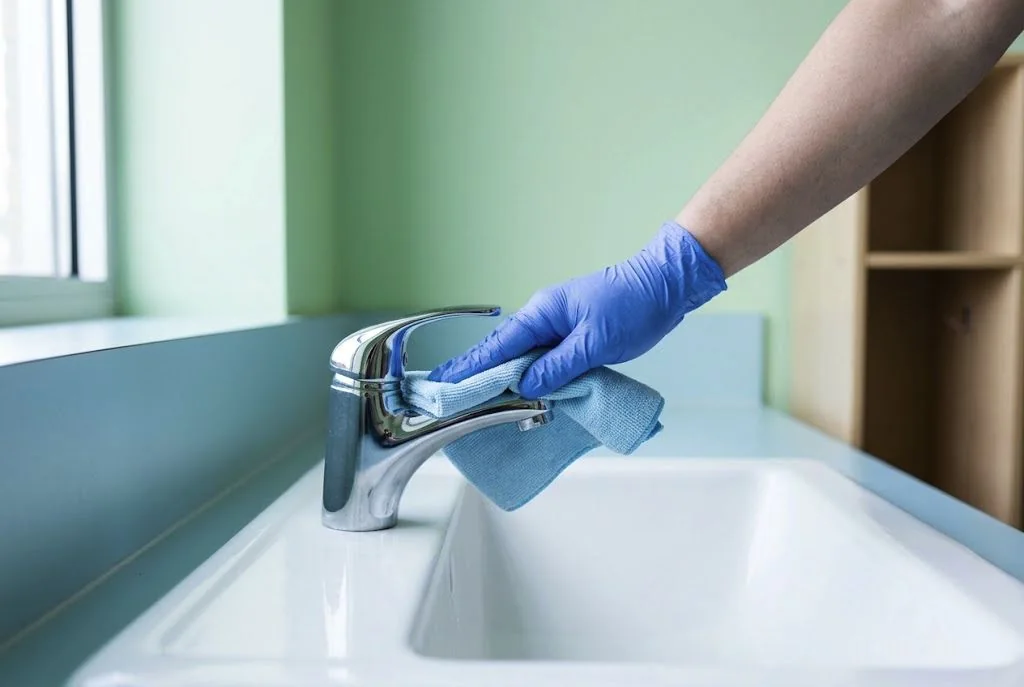Gloved hand wiping a faucet handle in an empty daycare washroom.