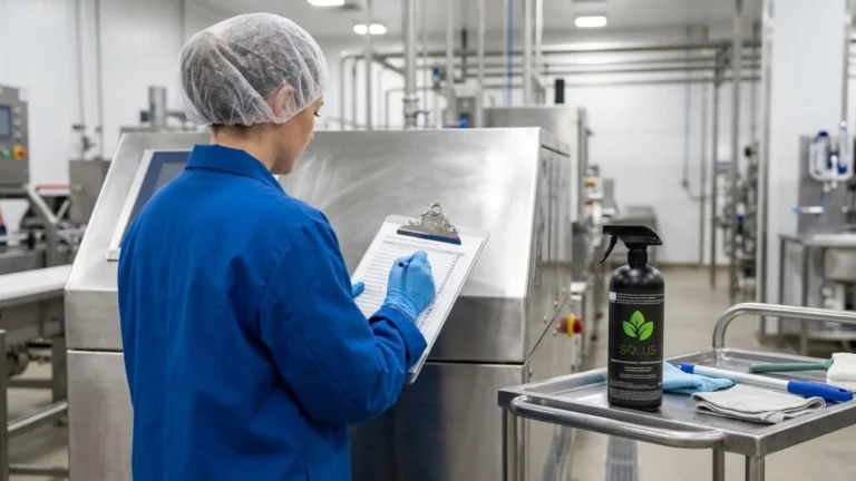 Food-processing worker completing a sanitation record beside a real Solus disinfectant bottle.