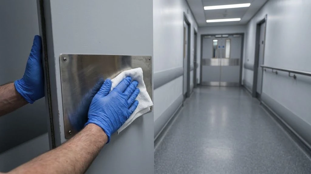 Gloved hand wiping a stainless-steel door push-plate in a healthcare corridor.