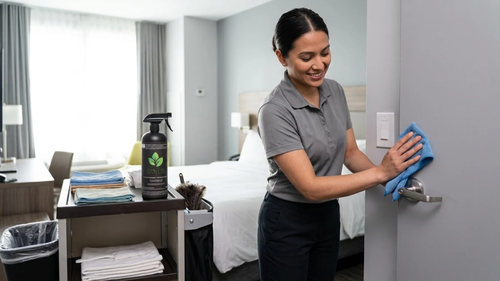 Hotel housekeeper wiping a high-touch surface with a real Solus disinfectant bottle nearby.