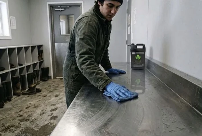 Gloved hand wiping a metal bench in an empty farm anteroom