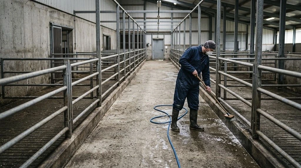 Worker cleaning a metal gate in an empty livestock handling area.