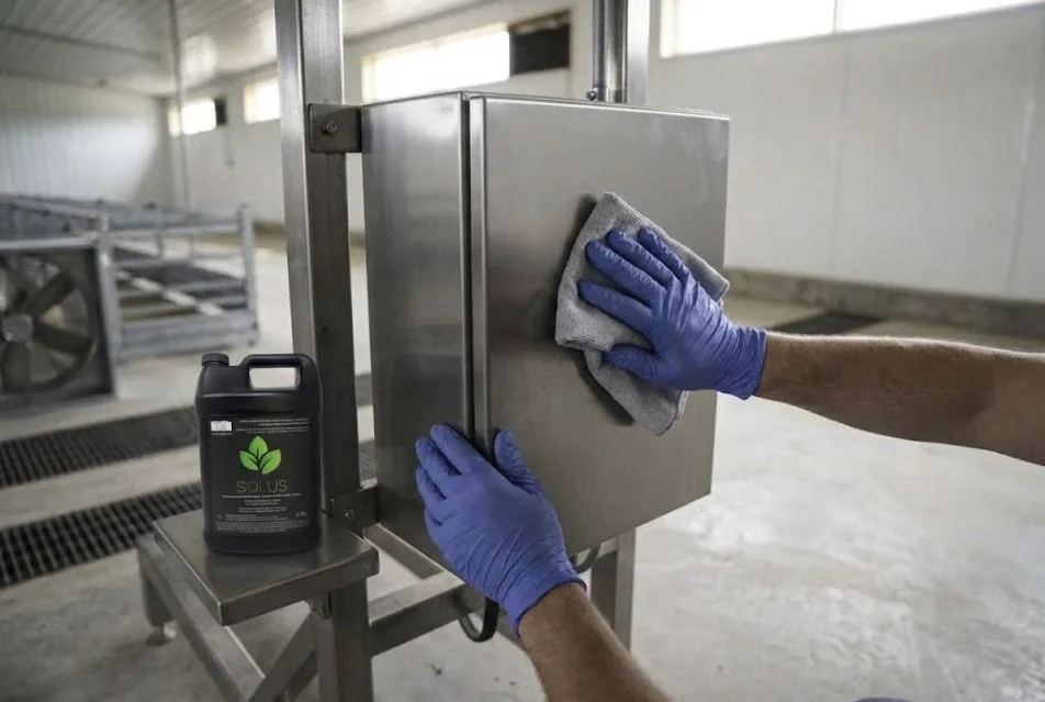 Gloved worker wiping a stainless control-box exterior in an empty poultry barn.