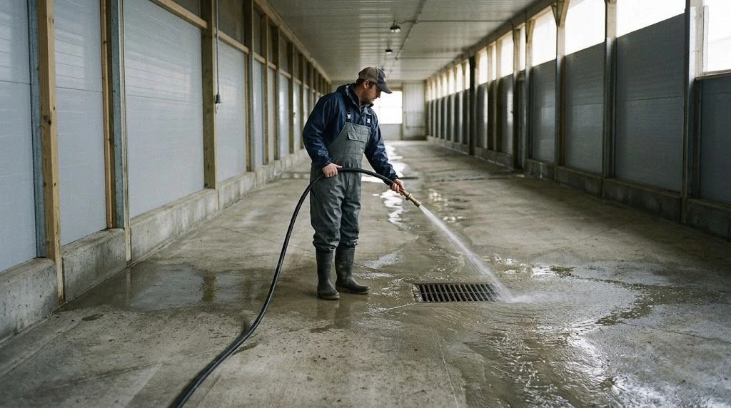Worker hosing a sealed poultry-barn floor toward a drain between flocks.