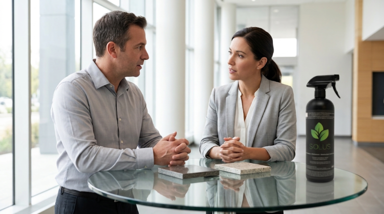 Two facility managers discuss hard-surface samples at a glass table with a black Solus bottle nearby.