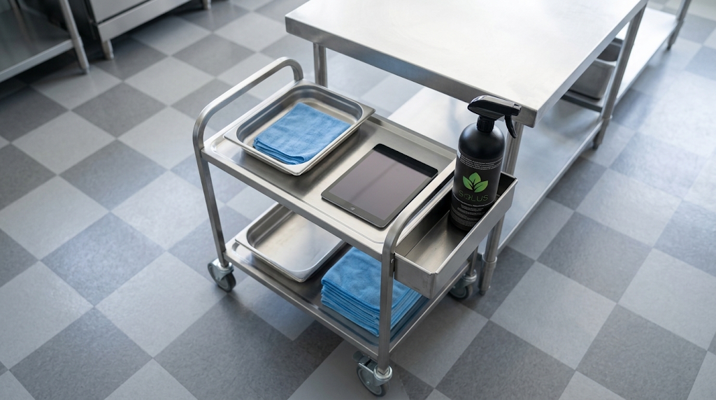Vue en plongée d'un chariot de cuisine avec des linges pliés, un bac en acier inoxydable et une bouteille noire Solus.