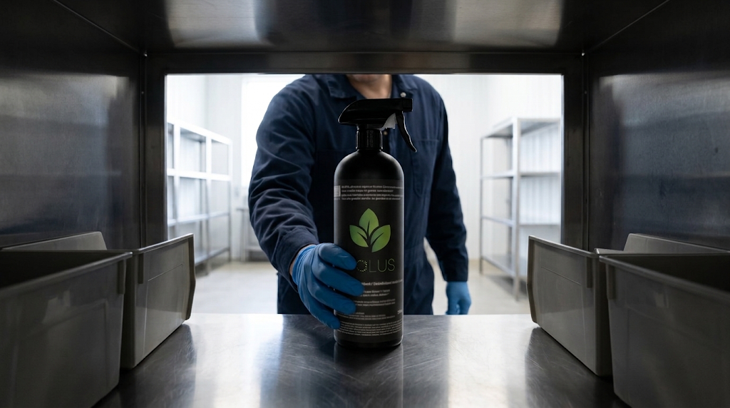 Un employé portant des gants prend une bouteille noire Solus sur une étagère métallique de rangement.