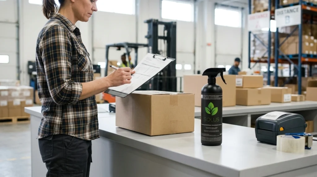 Worker checking a dispatch clipboard beside a black Solus bottle at a packing counter.