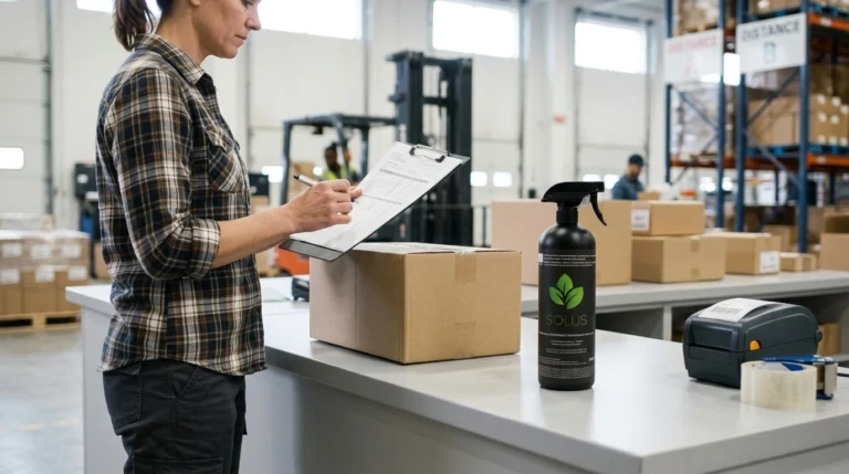 Worker checking a dispatch clipboard beside a black Solus bottle at a packing counter.