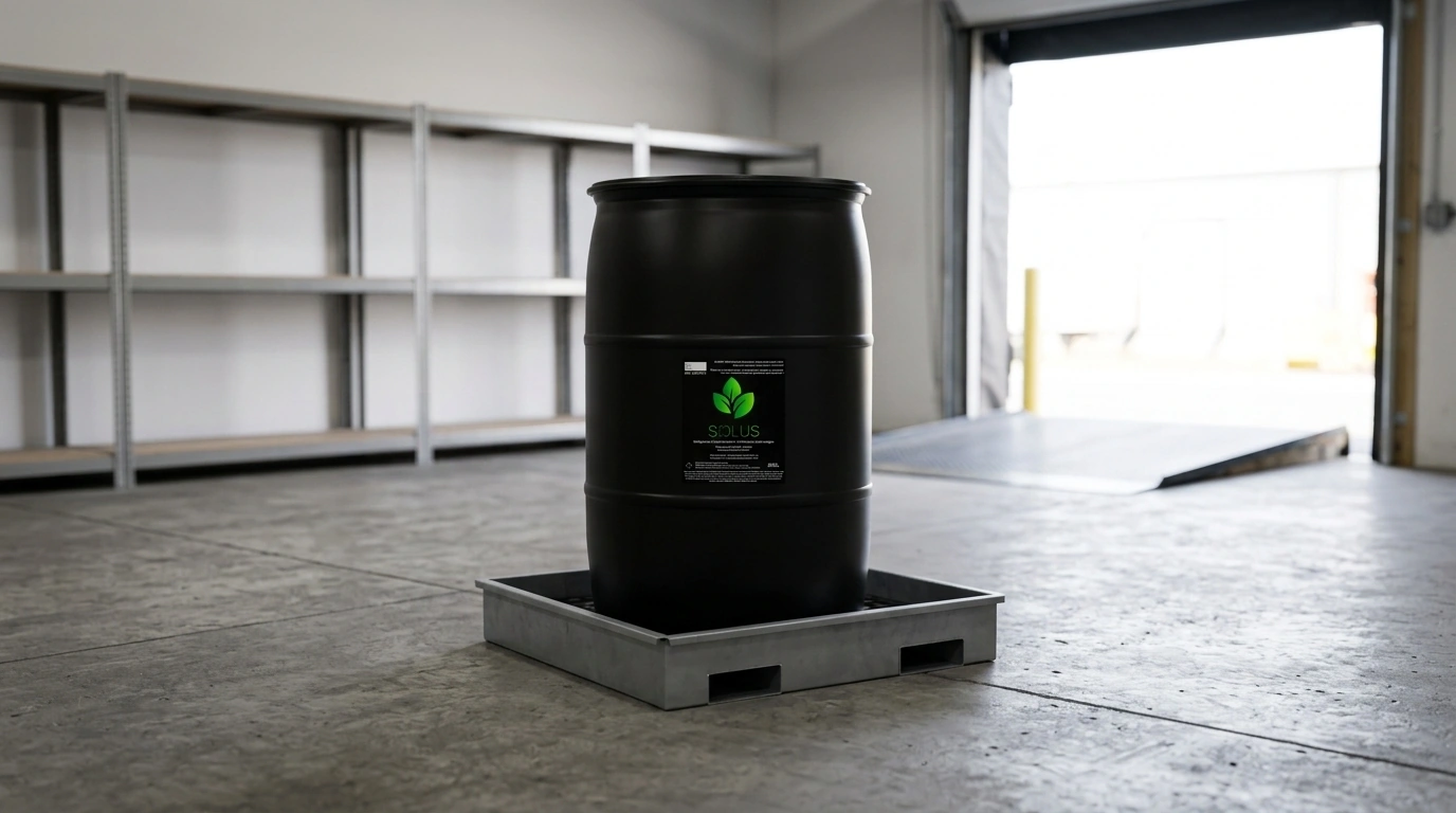 Black industrial Solus drum in a containment tray in a receiving area.
