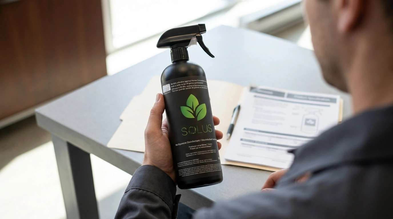 Buyer examining a black Solus bottle beside product documents on a desk.