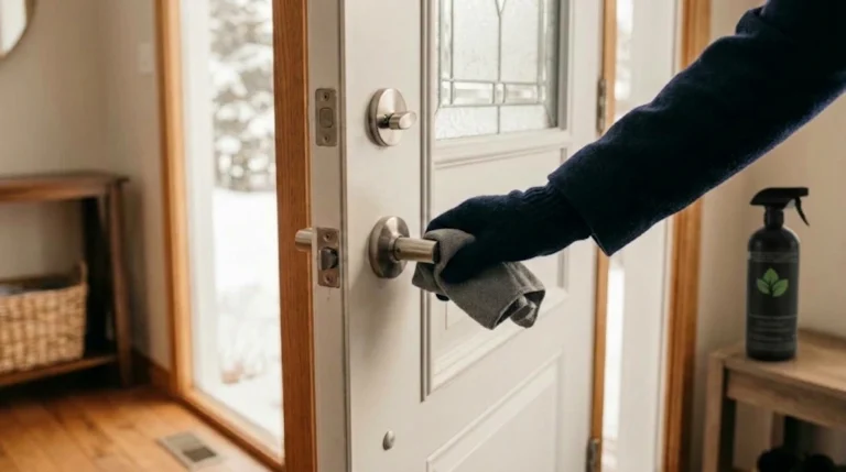A gloved hand wiping a high-touch door handle in a bright winter home entryway.