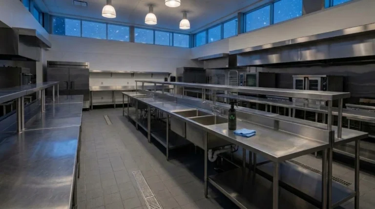 An empty commercial kitchen being deep-cleaned on a winter evening, stainless surfaces gleaming.